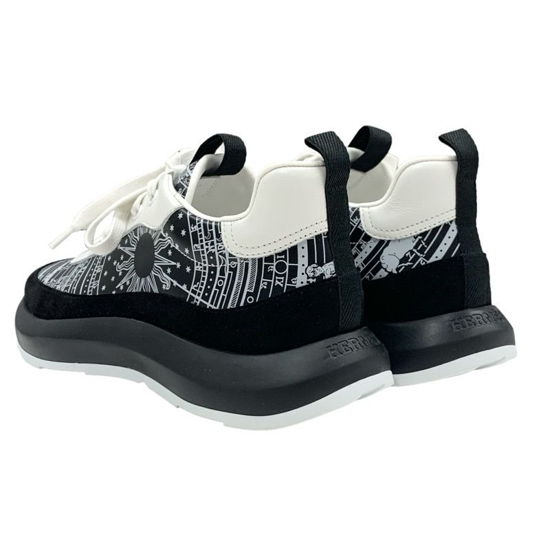 Hermes Glam Sneakers Shoes Leather Suede Black White Bandana Pattern