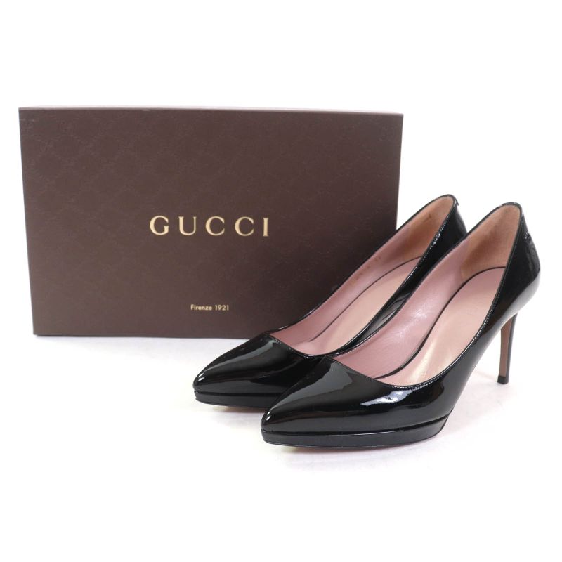 Gucci 388314 Interlocking G Pointed Toe Patent Leather Pumps Black 36 With Box