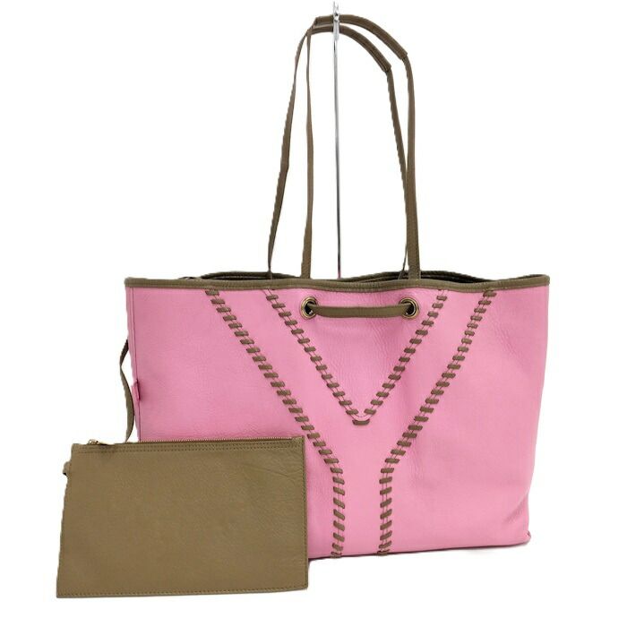 YVES Saint Laurent Neo Double Reversible Tote Bag Leather Pink Brown 284650