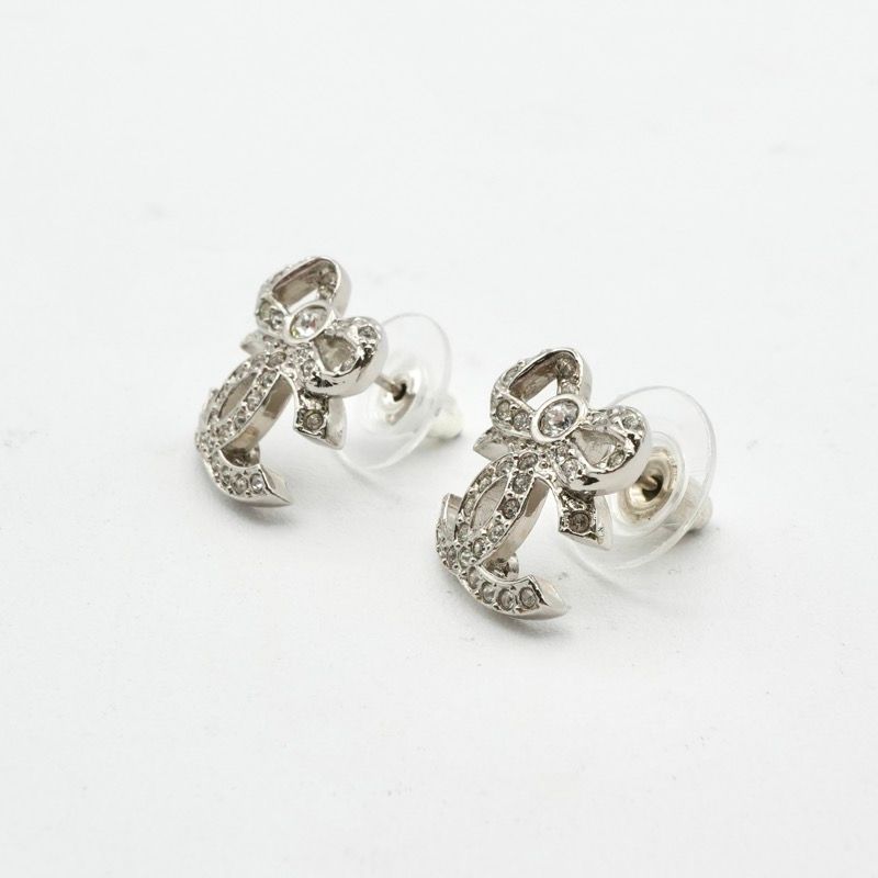 Chanel Earrings Earring Silver Coco Mark Ribbon Rhinestone