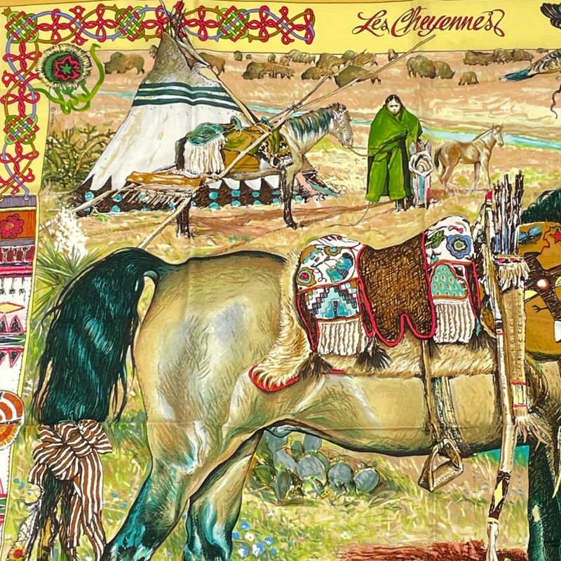 Hermes Les Cheyennes Cheyenne Carre 90 Silk Yellow Multicolor