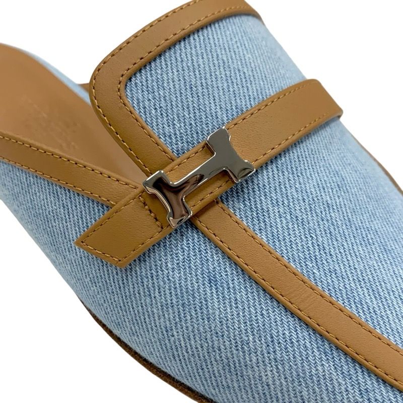 Hermes Groupie Flat Shoes Denim Leather Light Blue Brown Unused Mule Slipper
