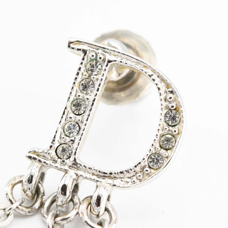 Christian DIOR Earrings Logo Rhinestone Approx 4.8g Silver Color Ladies