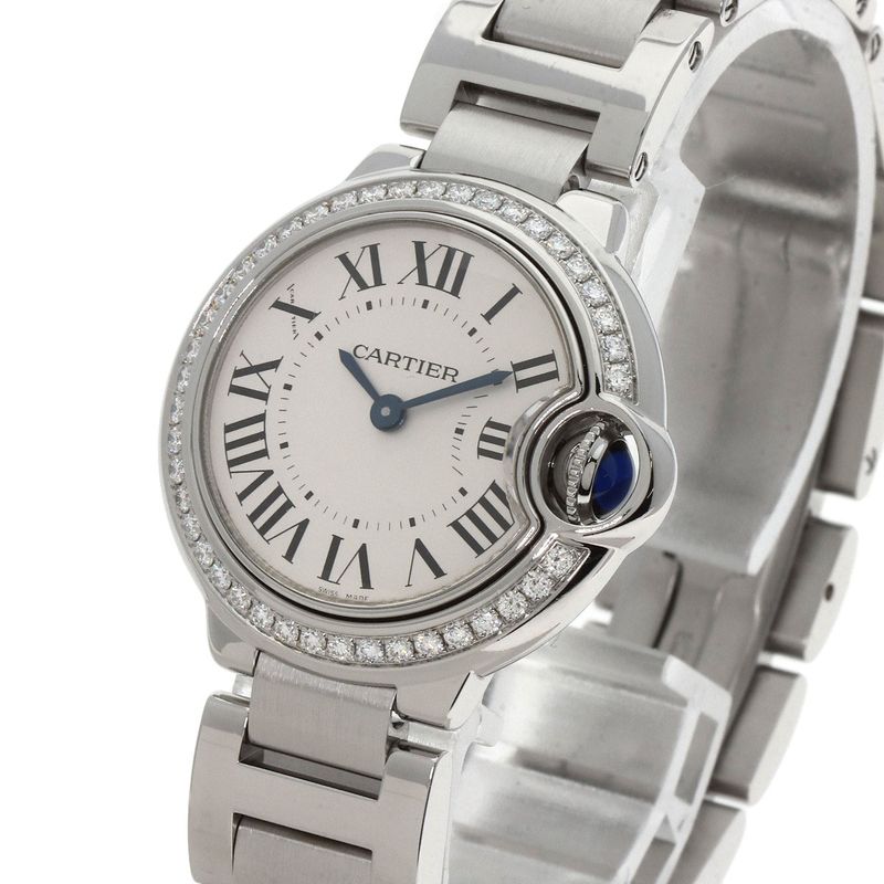 Cartier W4bb0015 Ballon Blue Bezel Diamond Wristwatch SS Ladies
