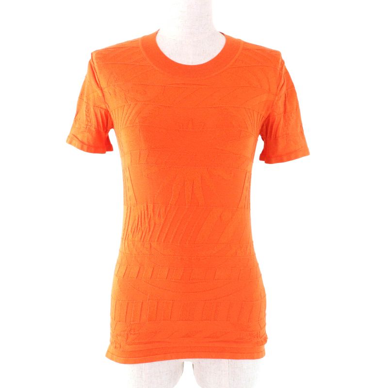 Hermes Silk-blend Embossed Crew Neck Short Sleeve Knit Cut And Sewn Top Orange
