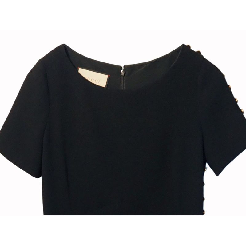 Gucci Wool Dress Short Sleeves Round Neck Slit Black Gold Tone GG Button #40