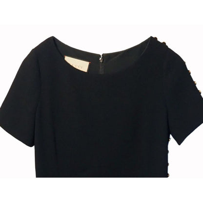 Gucci Wool Dress Short Sleeves Round Neck Slit Black Gold Tone GG Button #40