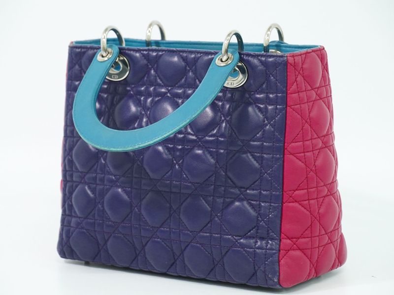 Authentic Christian DIOR Lady Dior Cannage Handbag Leather Purple Pink Blue Bag