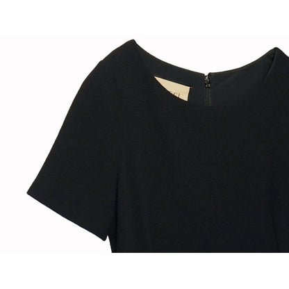 Gucci Wool Dress Short Sleeves Round Neck Slit Black Gold Tone GG Button #40