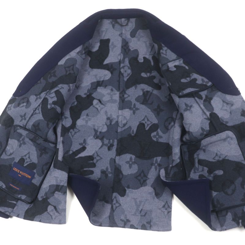 Louis Vuitton Wool Silk Logoed Buttons Lining Monogram Camouflage Navy Blue