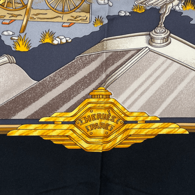 Hermes Carre 90 Automobile Black And Gold Scarf Silk
