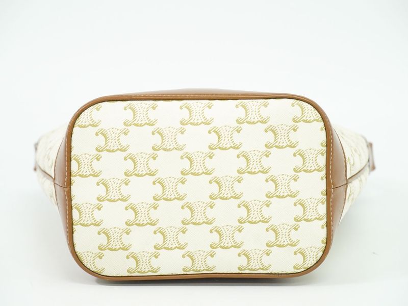 Authentic Celine Triomphe Small Bucket Shoulder Bag Pochette PVC White Brown