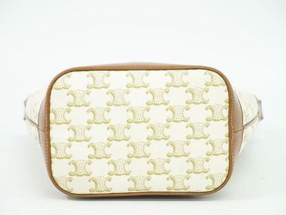 Authentic Celine Triomphe Small Bucket Shoulder Bag Pochette PVC White Brown