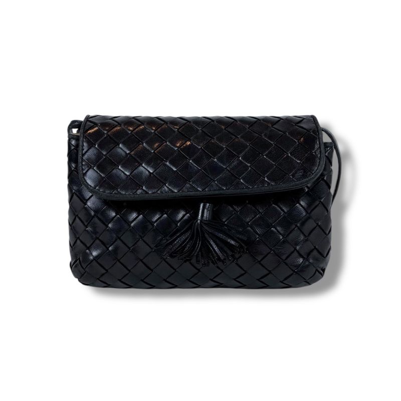 Bottega Veneta Mini Shoulder Bag Tassel Fringe Intrecciato Leather Black