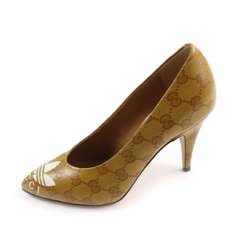 Gucci Adidas 702221 GG Crystal Logo Design Pointed Toe Leather Pumps Brown 37