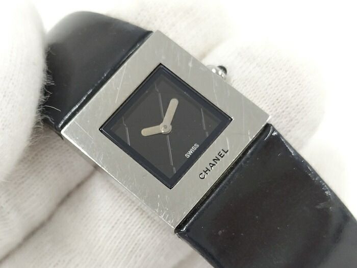 Chanel Ladies Watch Matelasse SS Leather Belt Black Quartz Black Dial H0116