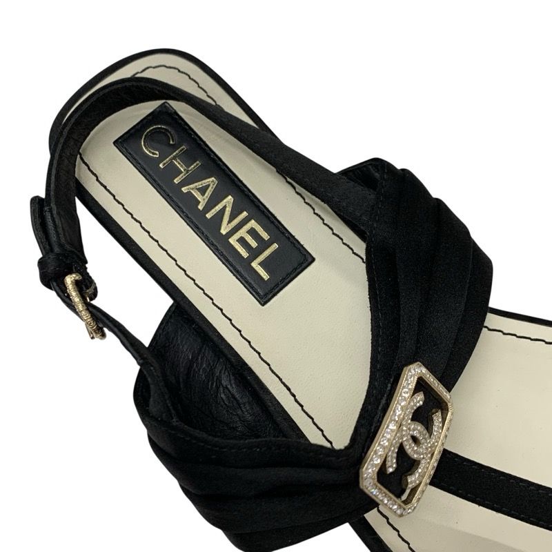 Chanel Sandals Shoes Satin Black Gold Here Mark Rhinestone Thong Flat