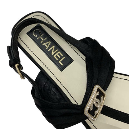 Chanel Sandals Shoes Satin Black Gold Here Mark Rhinestone Thong Flat