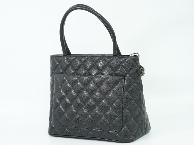 Authentic Chanel Coco Mark Revival Tote Handbag Caviar Skin Leather Black Coco