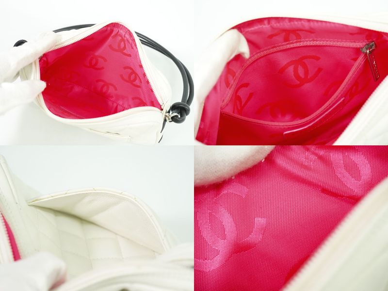 Authentic Chanel Coco Mark Cambon Line 2WAY Handbag Pouch Leather White Black