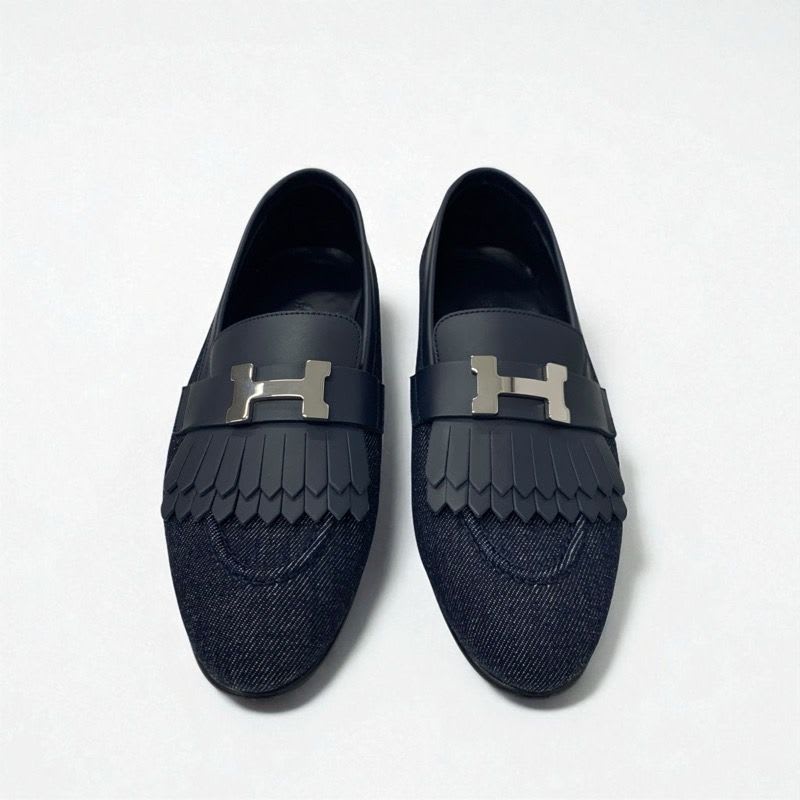 Hermes Royale Loafers Leather Shoes Denim Navy Silver Hhardware Fringe