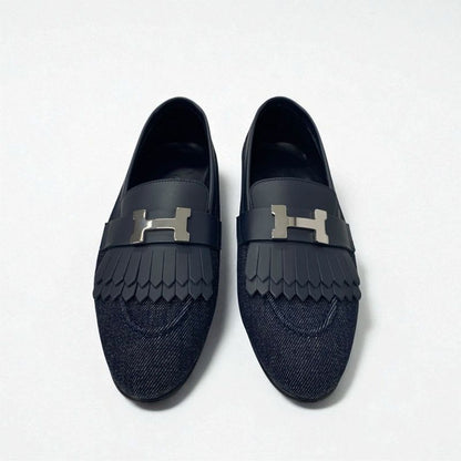 Hermes Royale Loafers Leather Shoes Denim Navy Silver Hhardware Fringe
