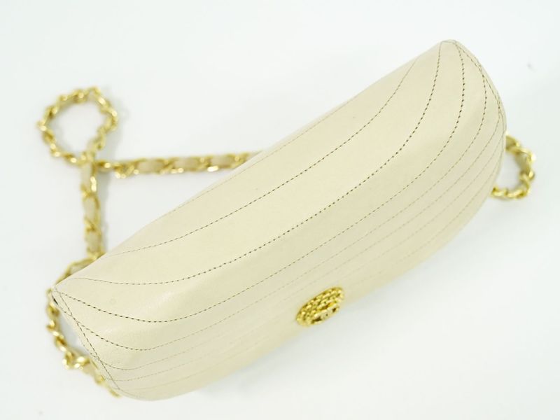 Authentic Chanel Coco Mark Chain Shoulder Bag Pochette Lambskin Leather Beige