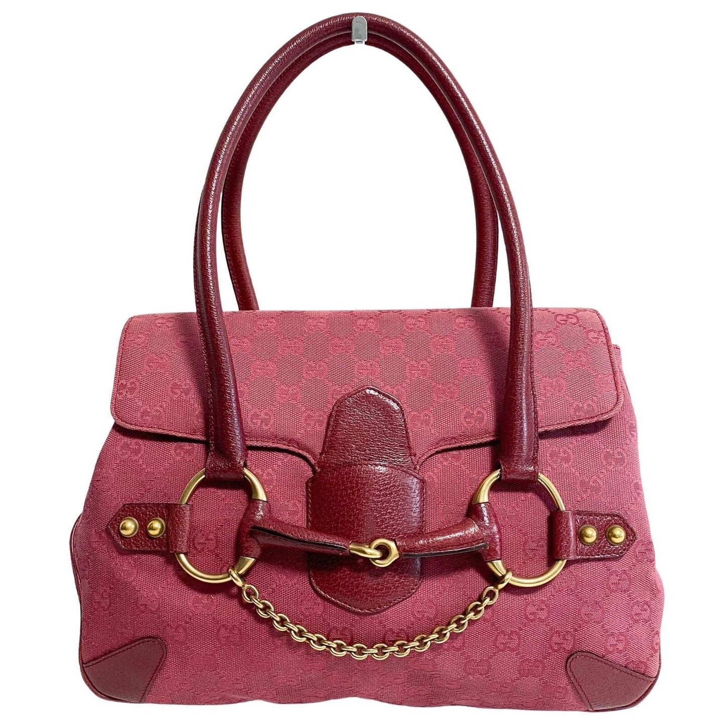 Gucci GG Horsebit Chain Shoulder Bag Canvas Pink Leather