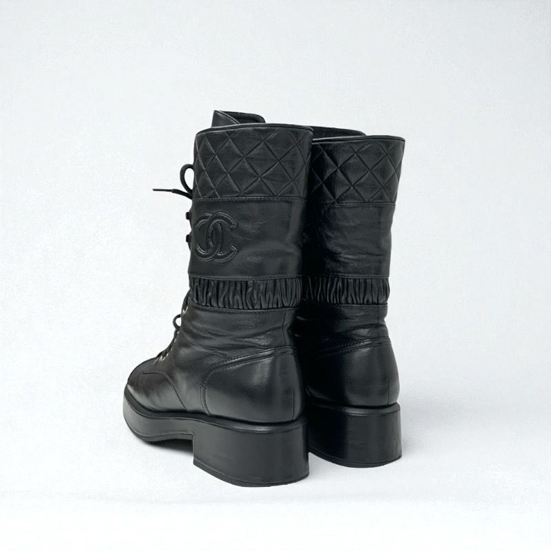 Chanel Boots Short Boots Shoes Leather Black Here Mark Matelasse Lace Up Middle