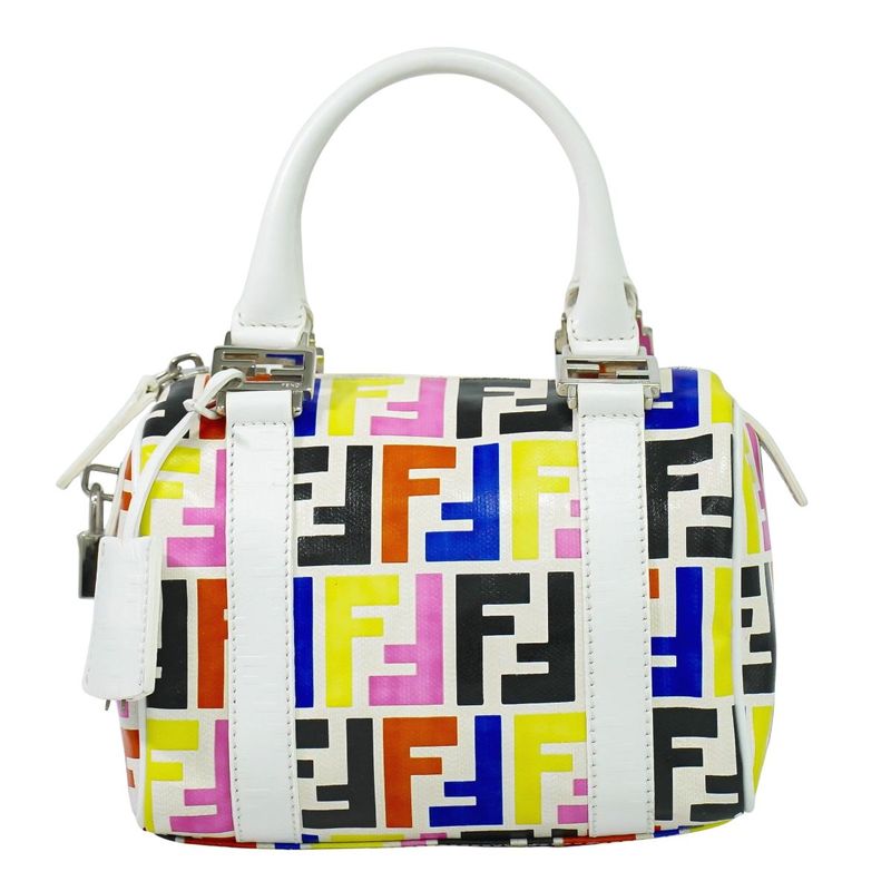 Authentic Fendi Zucca Mini Boston Bag Handbag PVC White Multicolor 8bl071 Zucca