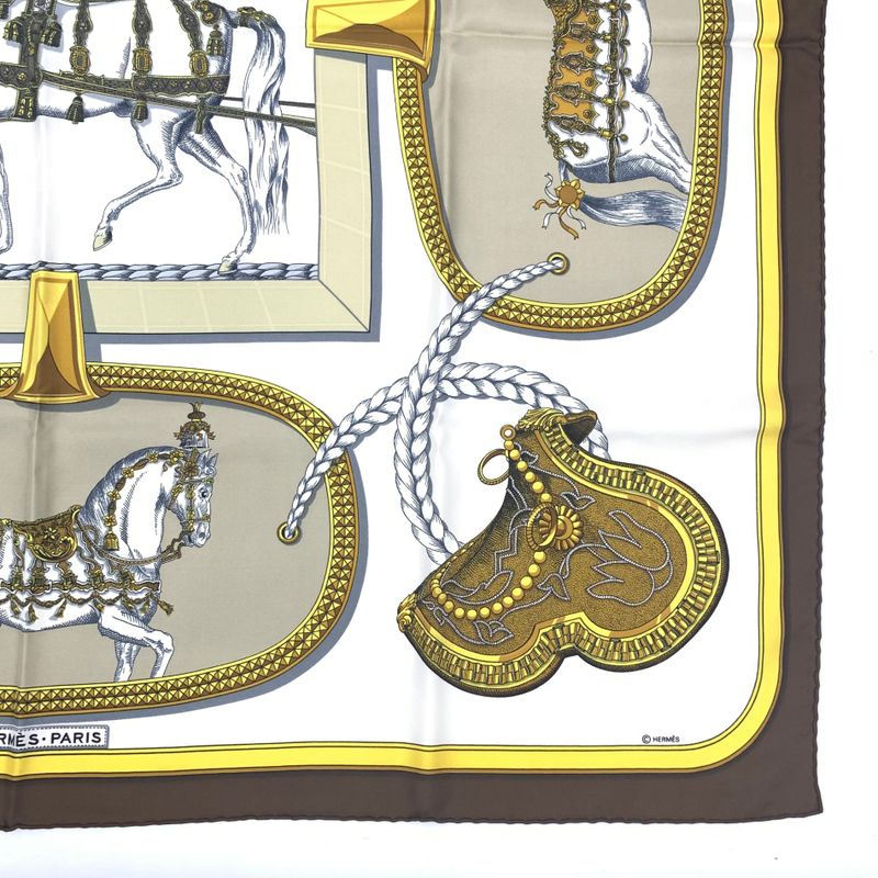 Hermes Carre 90 Grand Apparat Horse In Full Dress Brown X Gold X White Scarf