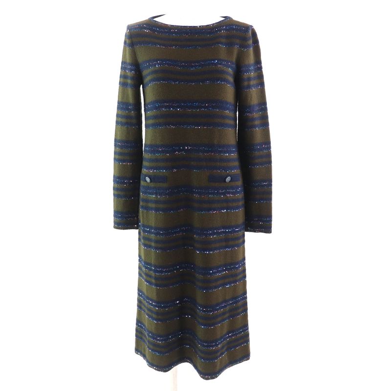 CHANEL P62936 Cashmere Coco Mark Button Coco Button Sequins Striped Long Sleeve