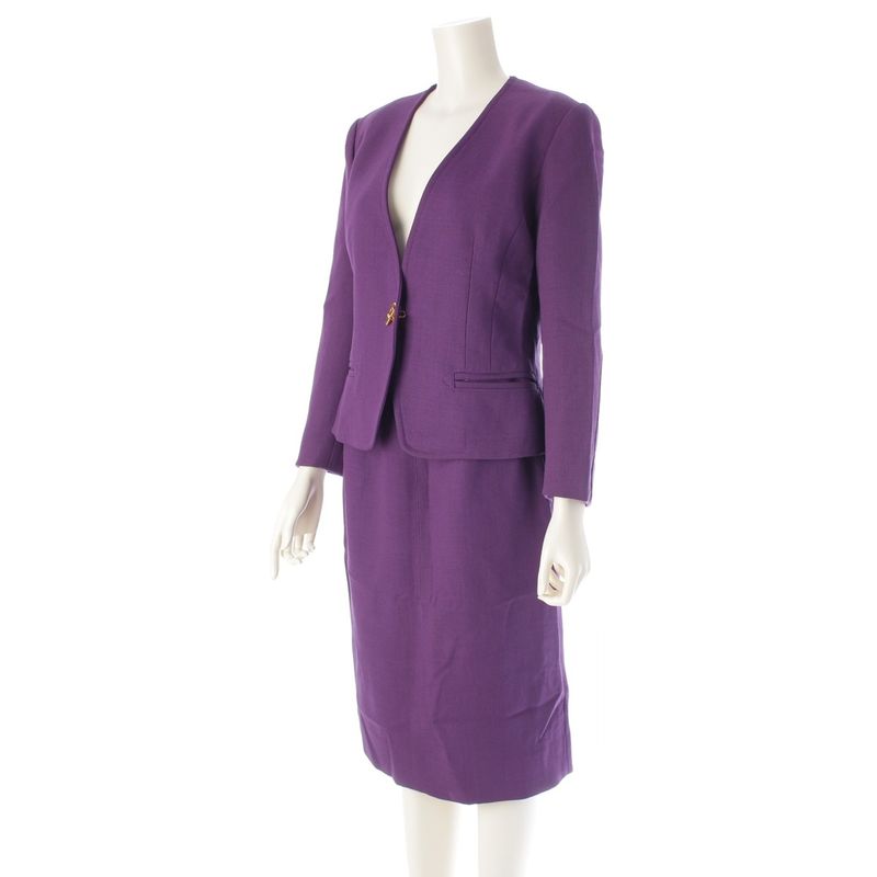 Hermes Wool Toggle T Bar Hardware Collarless Jacket Skirt Setup Purple Gold
