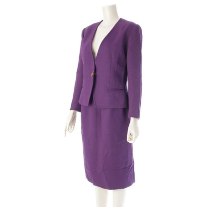 Hermes Wool Toggle T Bar Hardware Collarless Jacket Skirt Setup Purple Gold
