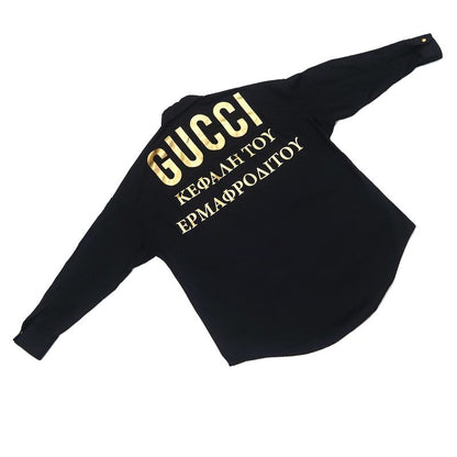 Gucci Long Sleeve Shirt Gold Logo 40 595268 BK Gold Button Back Print