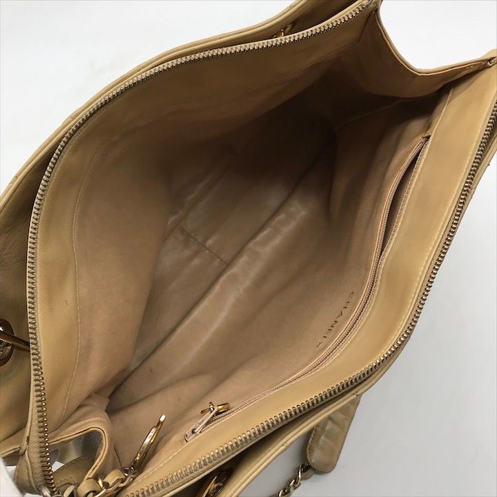 Chanel CC Logo Quilted Lambskin Chain Shoulder Bag Leather Beige