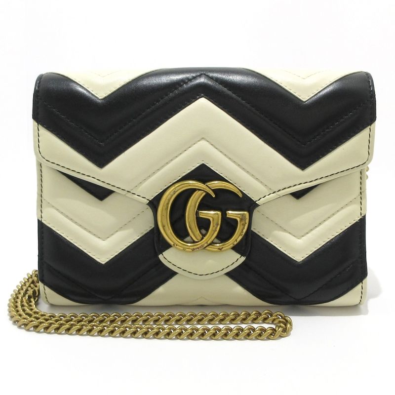Gucci Wallet GG Marmont 474575 White And Black Chain Wallet Leather