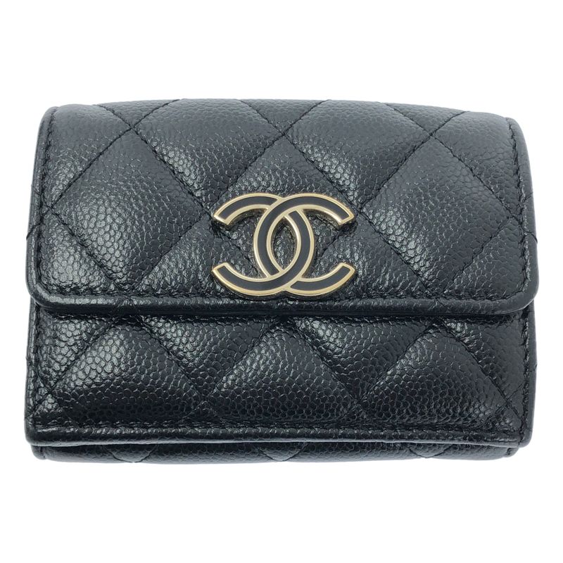 Chanel - Matelasse Coco Mark Caviar Skin Compact Wallet - Black - Women's