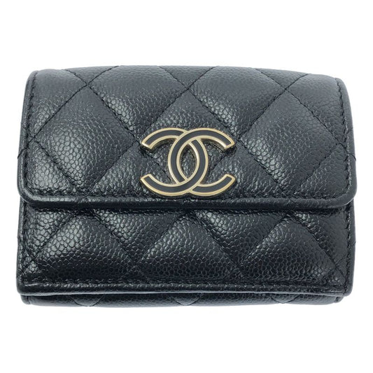 Chanel - Matelasse Coco Mark Caviar Skin Compact Wallet - Black - Women's