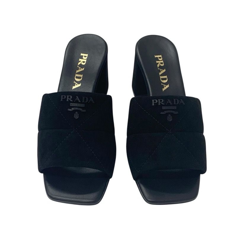 Prada Sandals Shoes Suede Leather Black Unused Logo Velvet Mules