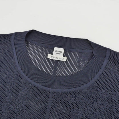 Hermes Short Sleeves Thick Knit 36 ​​size Navy 100% Silk Short Sleeve