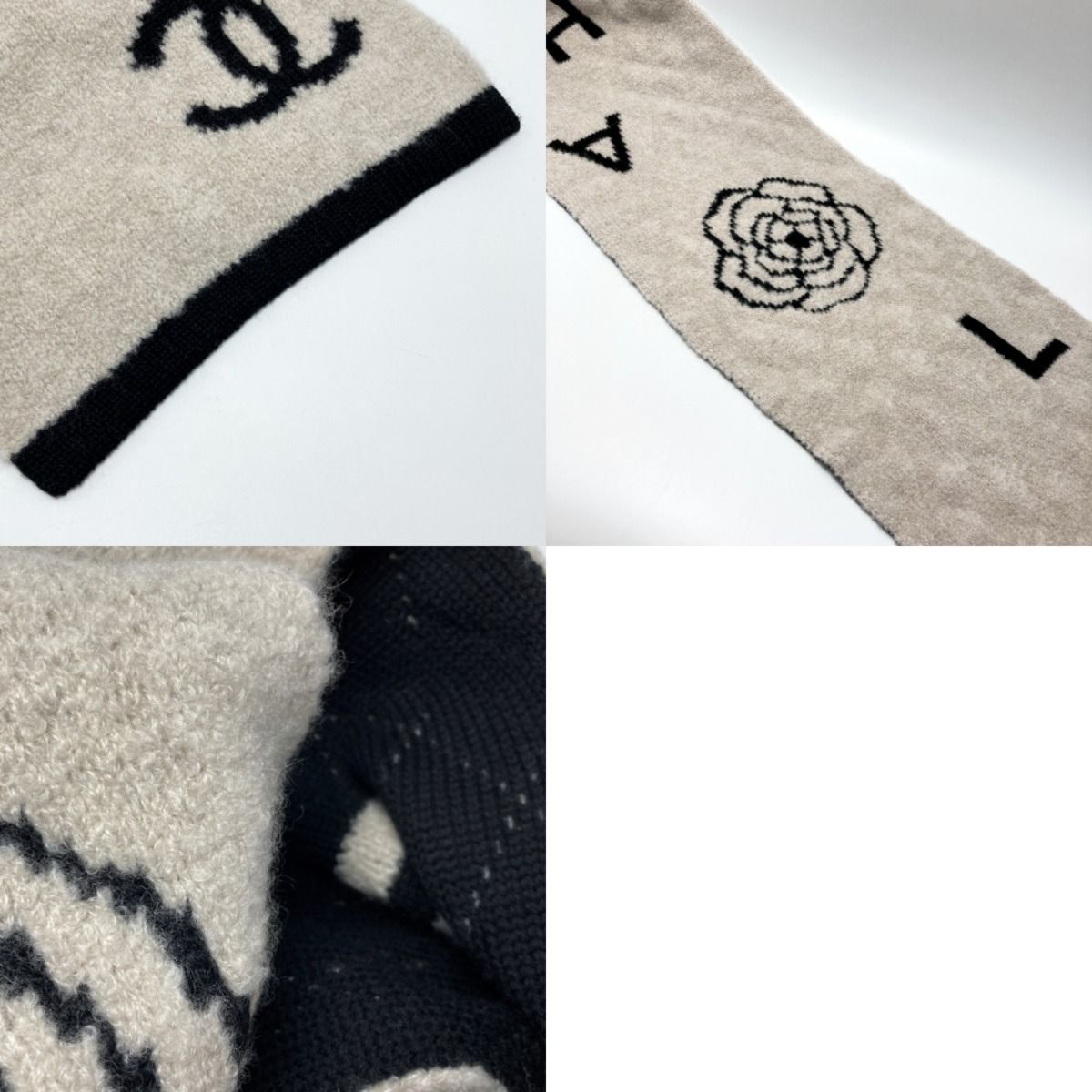 Chanel Logo Camellia Muffler Beige X Black Wool/cashmere/silk Stole