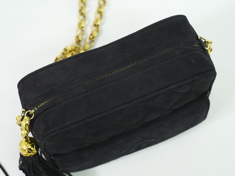 Authentic Chanel Coco Mark Matelasse Tassel Chain Shoulder Bag Pochette Nubuck