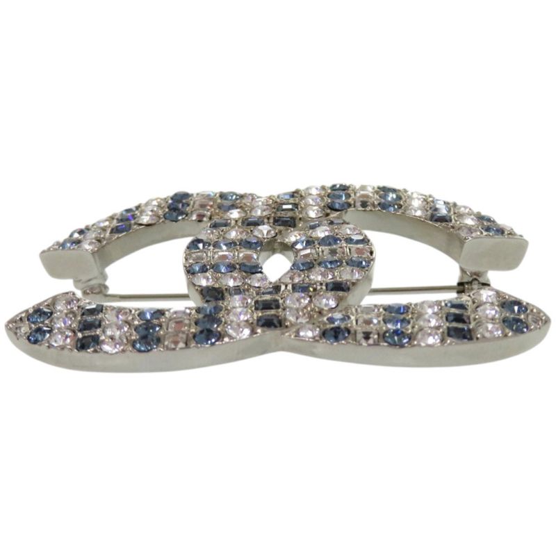 Chanel Coco Mark Rhinestone Metal Silver Blue Brooch 1673 Chanel