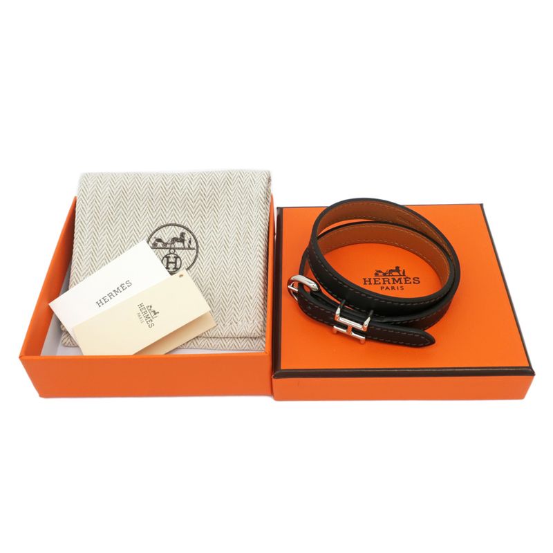 Hermes Leather Bracelet Trench Black Silver-hardware U Engraved Size T5