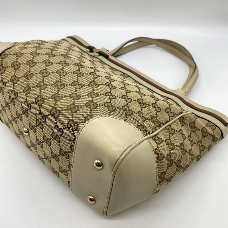 Gucci 257061 Tote Handbag GG Canvas Sherry Leather Beige Ladies Men Vintage