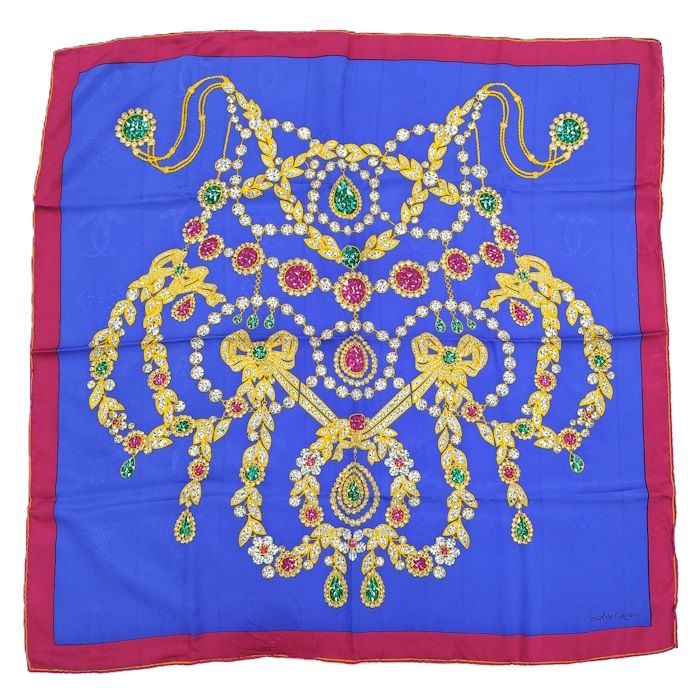 Cartier Scarf Large Size 100% Silk Blue Multicolor