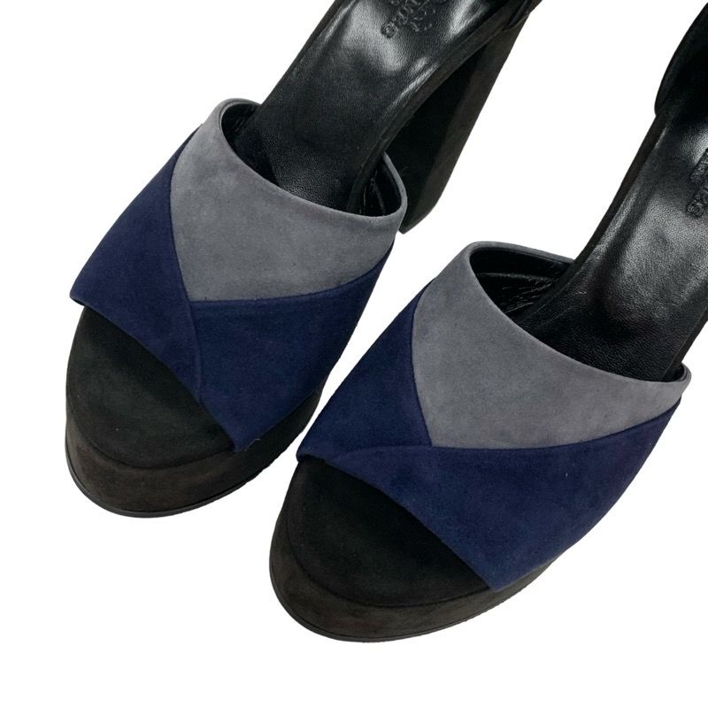 Hermes Sandals Shoes Suede Navy Black Gray Ankle Strap