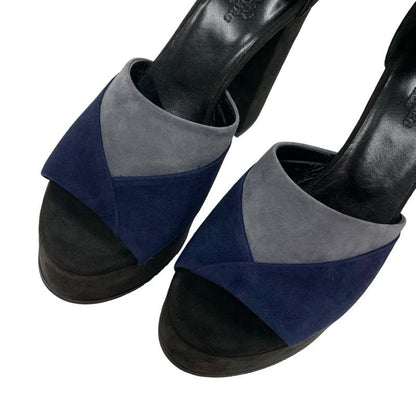 Hermes Sandals Shoes Suede Navy Black Gray Ankle Strap