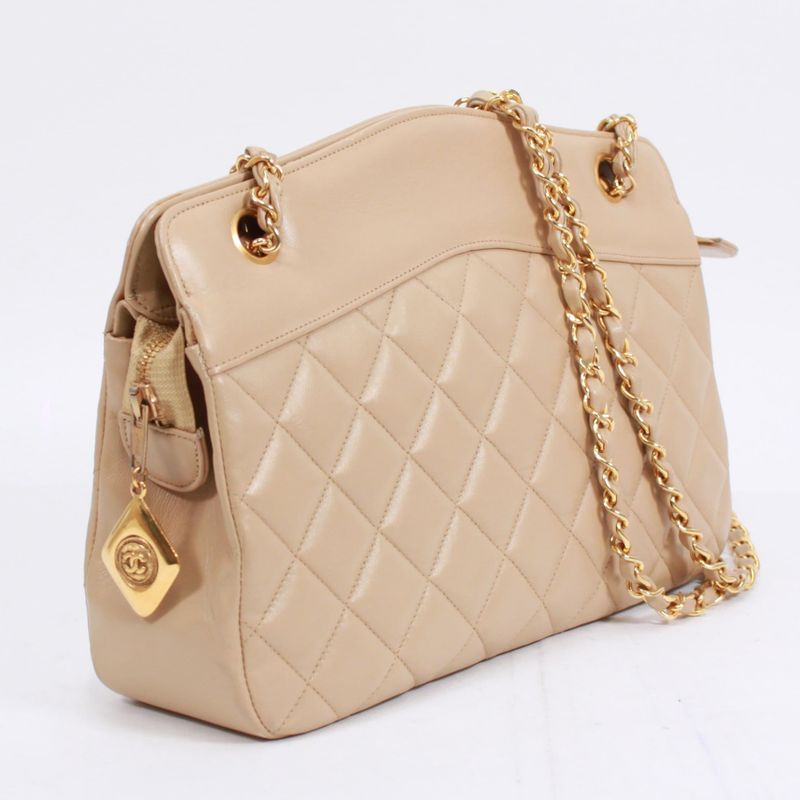 Chanel Matelasse Chain Calfskin Beige Shoulder Bag Gold
